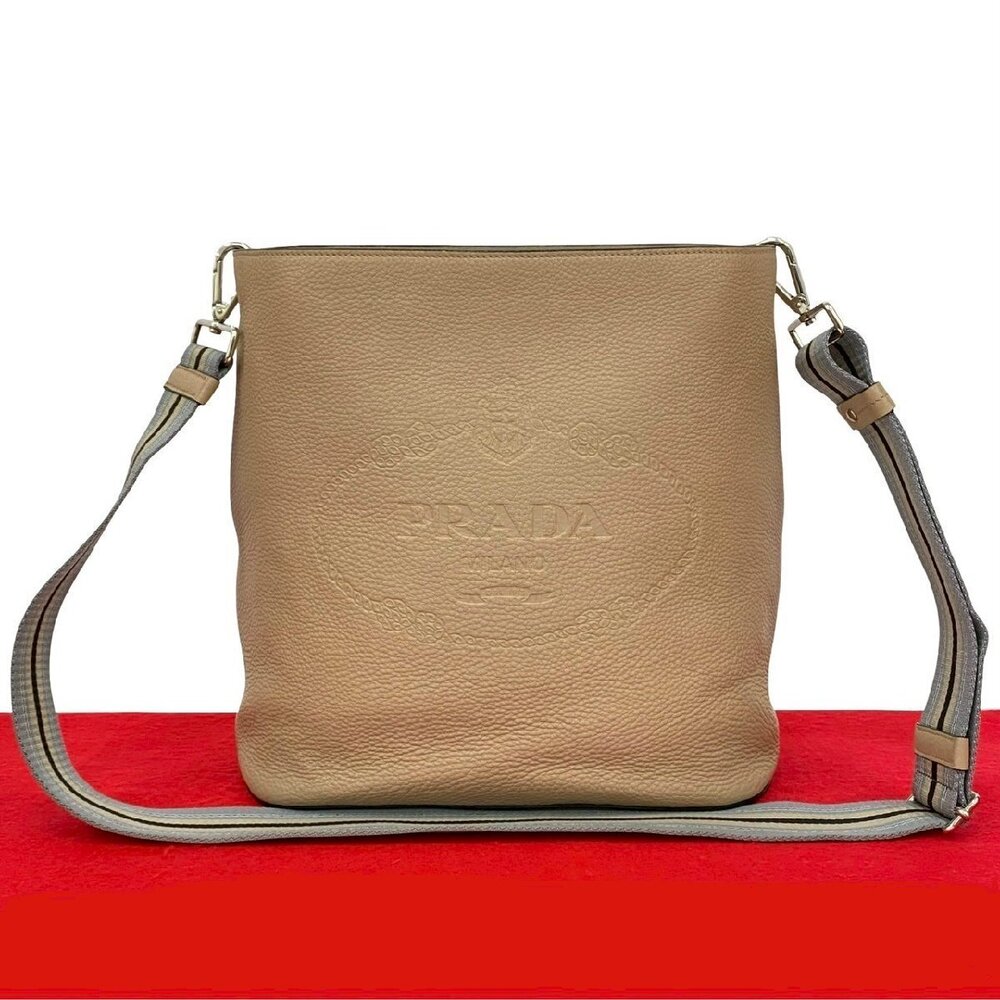 PRADA Vitello Phoenix leather shoulder bag Clutch embossed beige